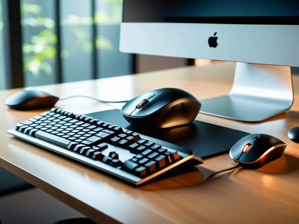 Espacio de trabajo minimalista con teclado y ratón, bañado en luz natural