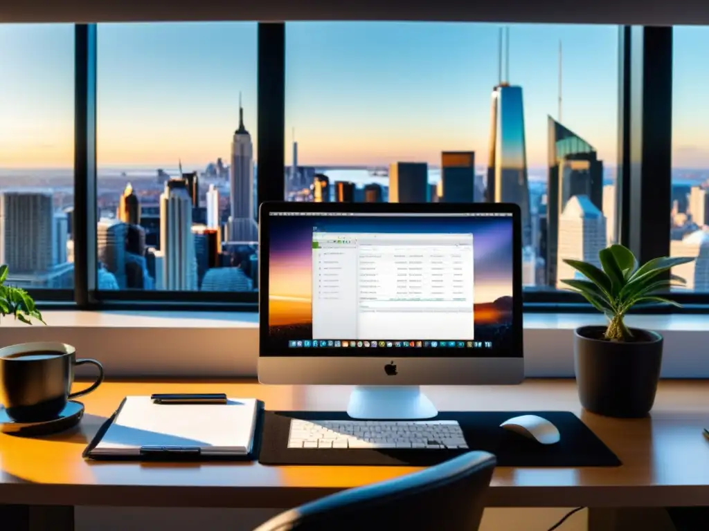 Un espacio de trabajo minimalista con vista a la ciudad, simbolizando la naturaleza dinámica del desarrollo backend en el mundo de Linux