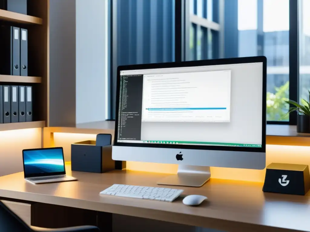 Espacio de trabajo moderno con desarrollo de aplicaciones Swift en Linux, organizado y bañado por la luz natural