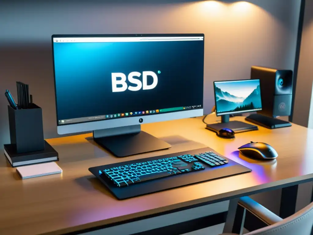 Un espacio de trabajo moderno con herramientas de productividad para usuarios de BSD en una atmósfera profesional y enfocada