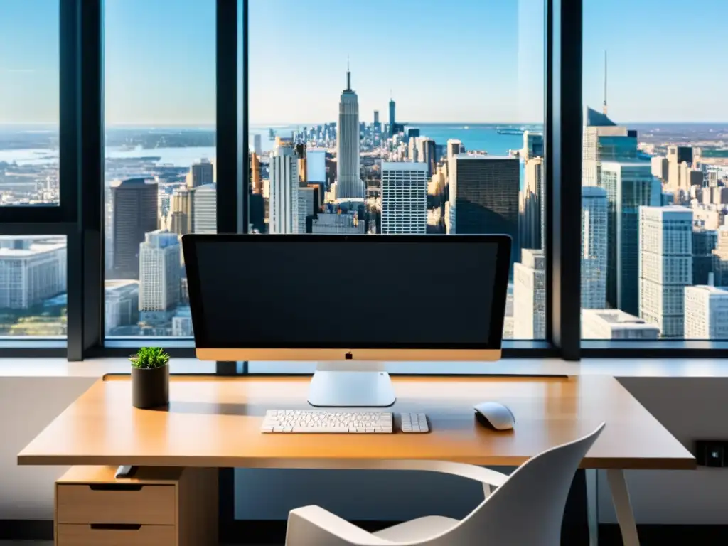 Espacio de trabajo moderno con los mejores gestores de ventanas ligeros, una oficina minimalista con luz natural y skyline urbano al fondo