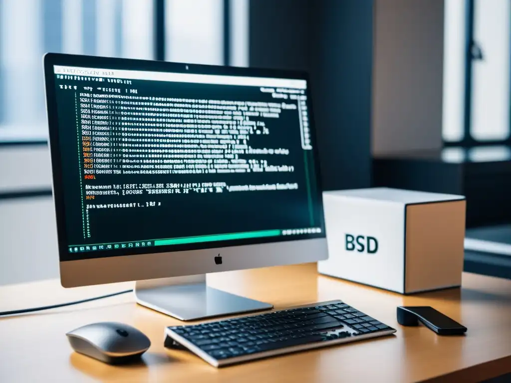 Un espacio de trabajo profesional y enfocado con la interfaz del sistema operativo BSD en un monitor, resaltando las contribuciones clave de BSD