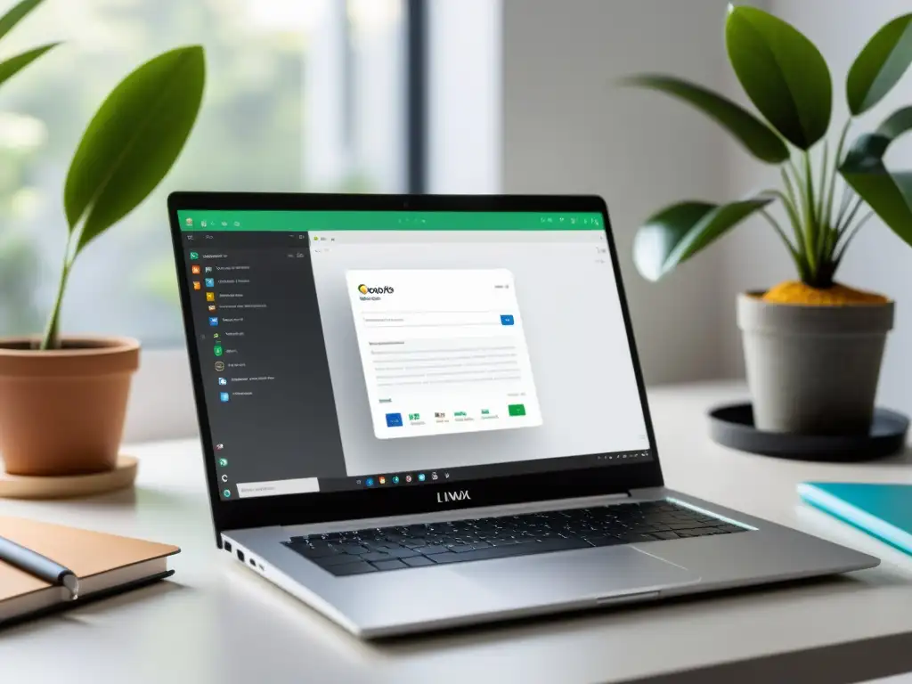 Espacio de trabajo profesional con laptop Linux y herramientas de desarrollo de aplicaciones gráficas en un ambiente cálido y acogedor