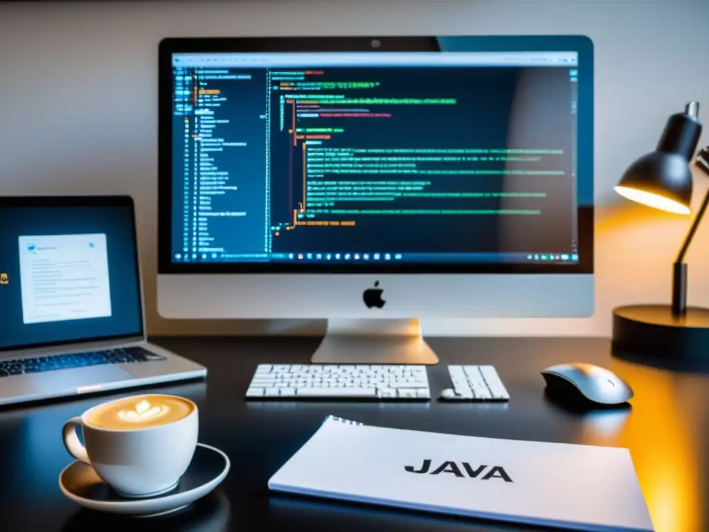 Espacio de trabajo de programador con escritorio ordenado, computadora Linux y entorno de desarrollo Java