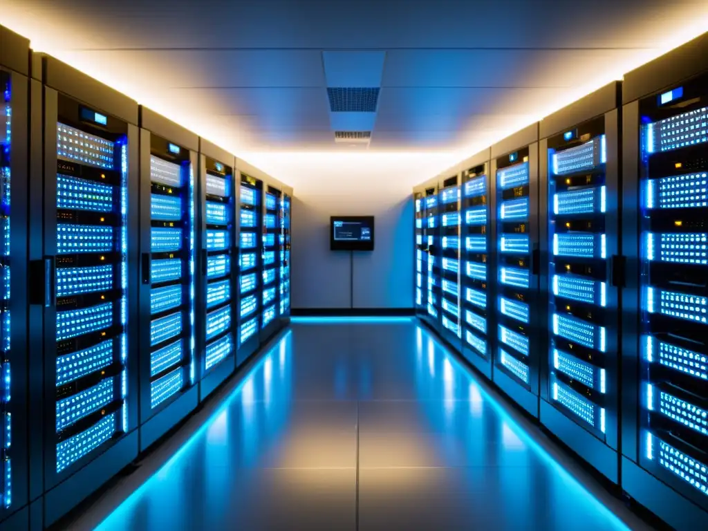 Centro de servidores: Orden y tecnología en la nube Un espacioso cuarto de servidores, organizado y futurista con luces parpadeantes