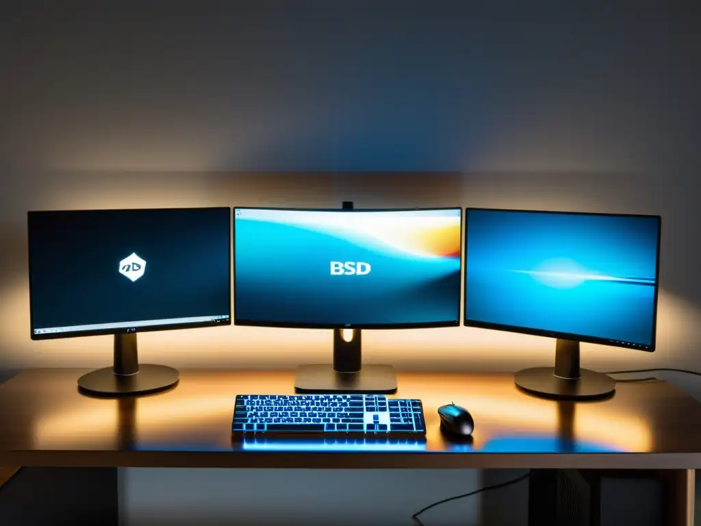 Estación de trabajo minimalista con sistema BSD Una estación de trabajo moderna con doble monitor que muestra la interfaz del sistema BSD