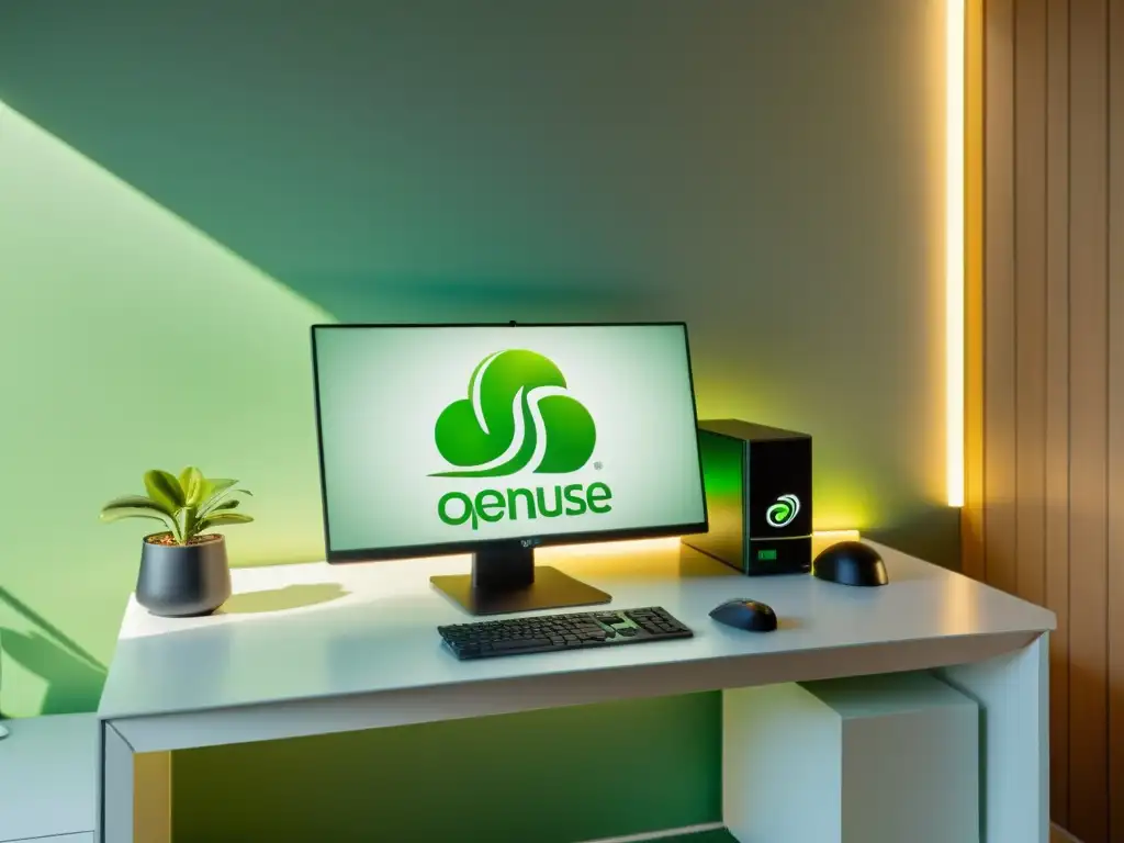 Una estación de trabajo moderna con el logo de openSUSE en el monitor, iluminada por luz natural