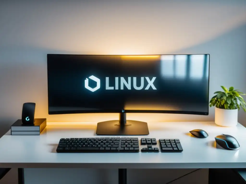 Una estación de trabajo Calculate Linux de diseño moderno y eficiente, con monitor, teclado y ratón, en un entorno profesional y minimalista