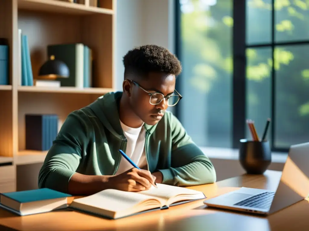 Estudiante concentrado en escritorio moderno con laptop y materiales de estudio