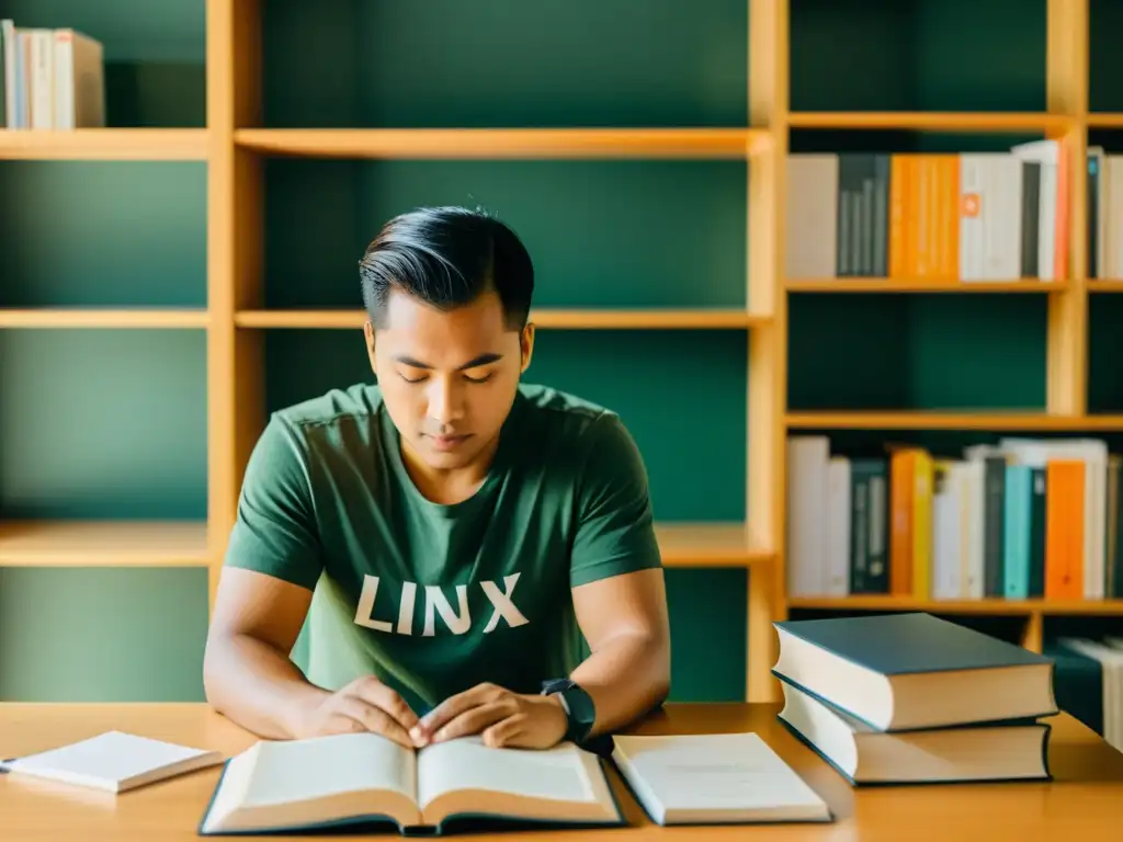 Un estudiante concentrado lee libros esenciales para principiantes en Linux en un ambiente sereno y estudioso con iluminación suave y natural