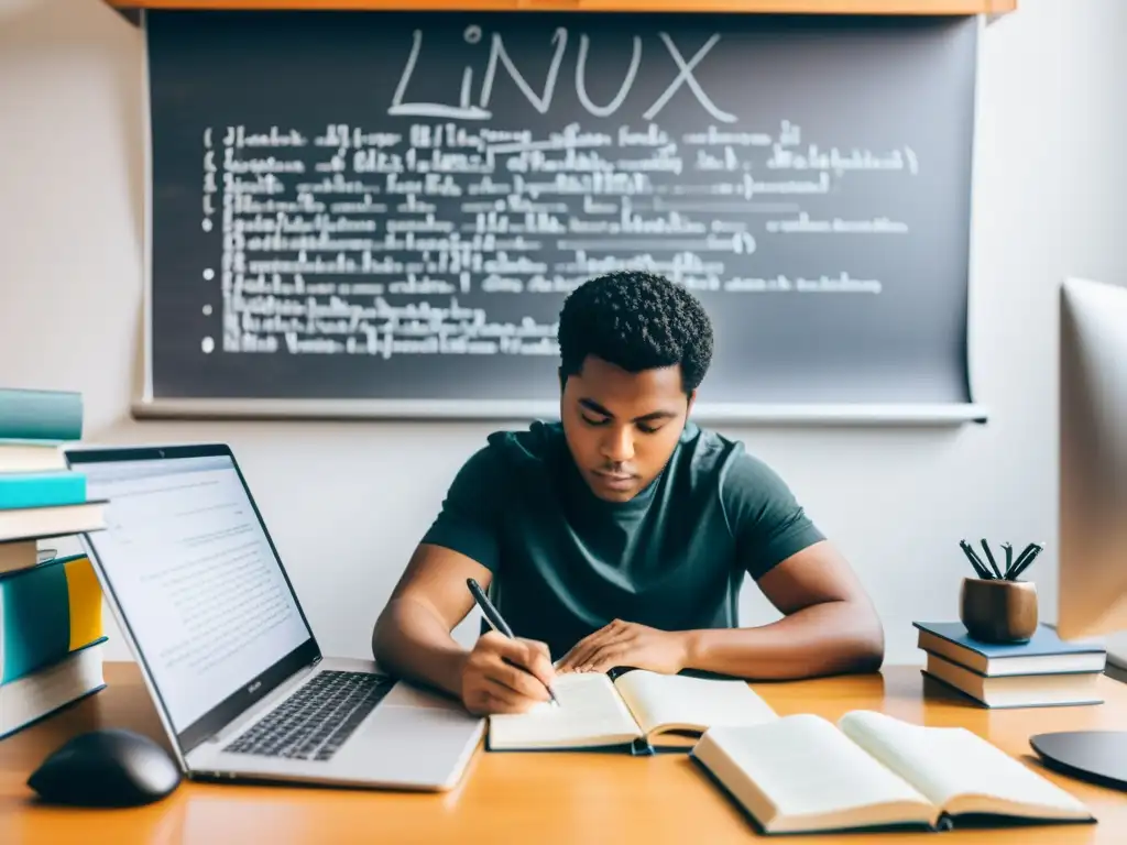 Estudiante enfocado en su escritorio desordenado, estudiando para certificaciones en sistemas operativos libres, reflejando determinación y dedicación