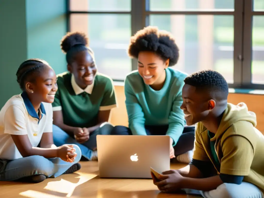 Estudiantes colaborando en actividad digital, con la luz del sol realzando su entusiasmo