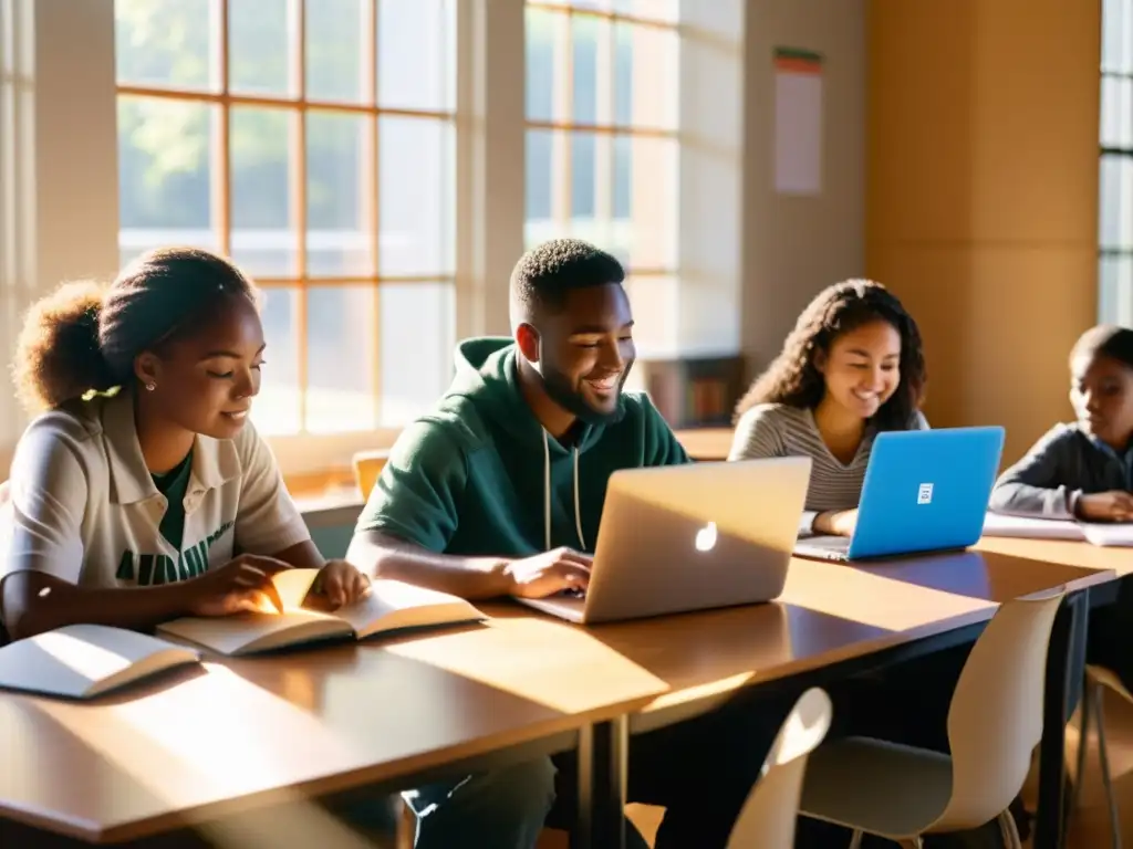 Estudiantes colaborando en aula con luz solar, usando software libre para acceso al conocimiento educativo