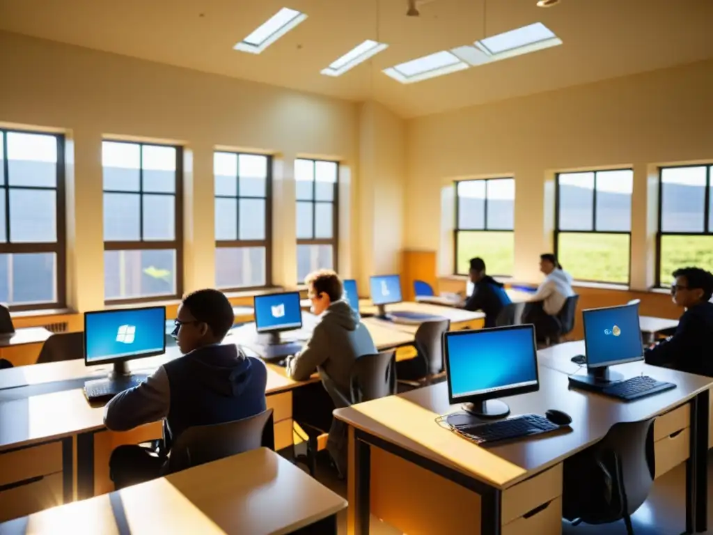 Estudiantes en aula con luz solar, usando Windows y Linux