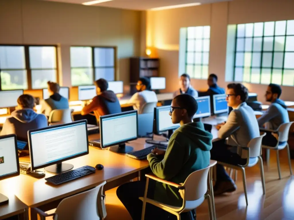 Estudiantes colaborando en aula con Linux y software educativo de código abierto