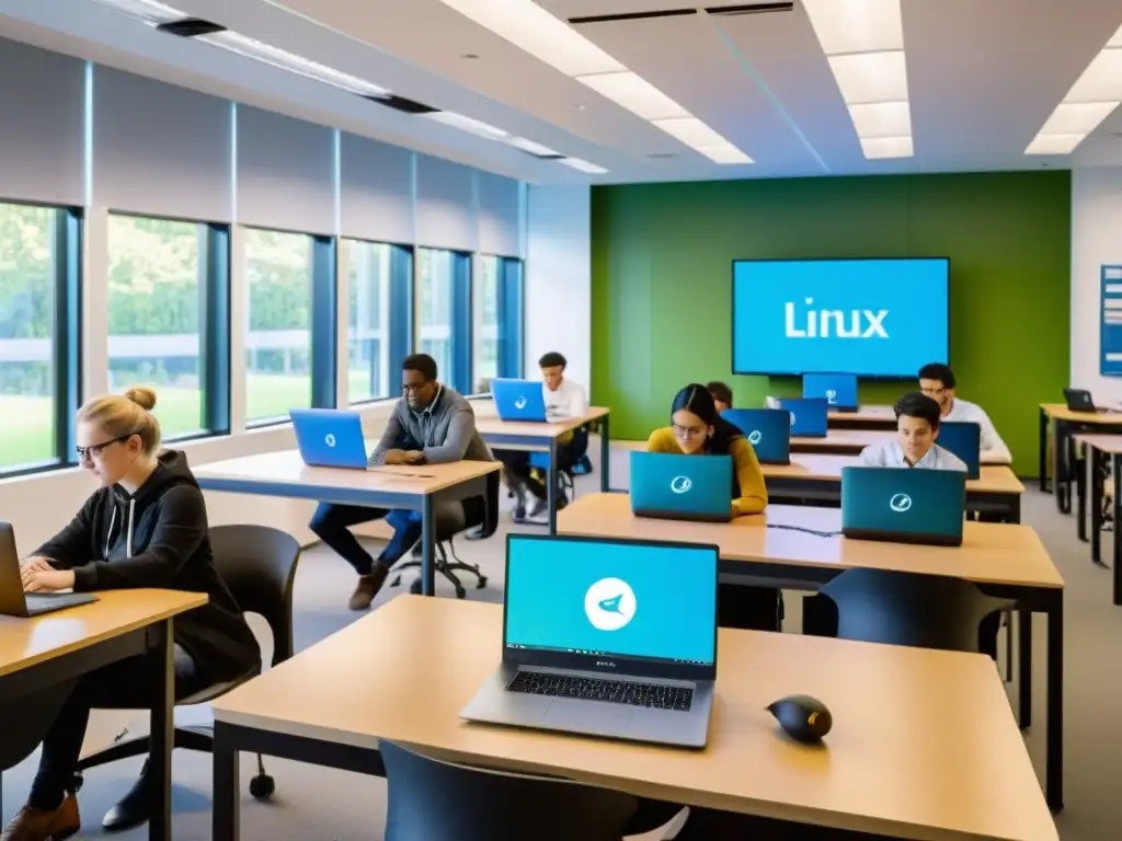 'Estudiantes colaborando en aulas luminosas con laptops Linux