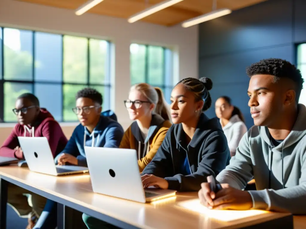 Estudiantes colaborando en aulas modernas con Linux, reflejando los beneficios de Linux en instituciones educativas