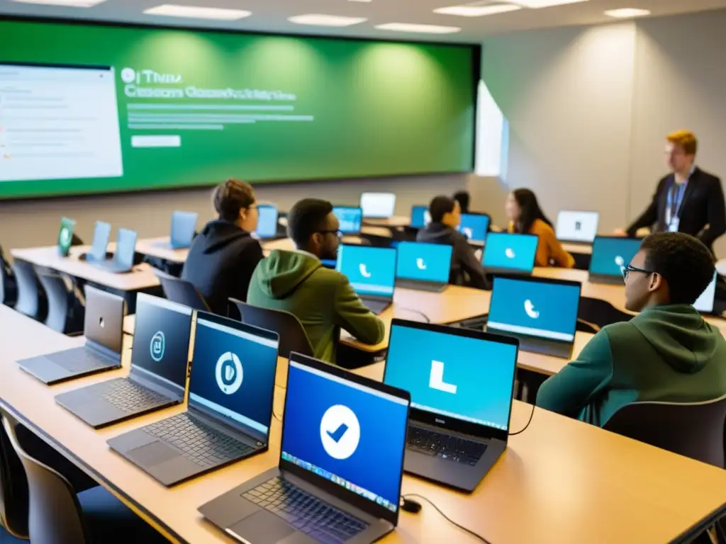 Estudiantes colaborando en aulas modernas con distribuciones Linux