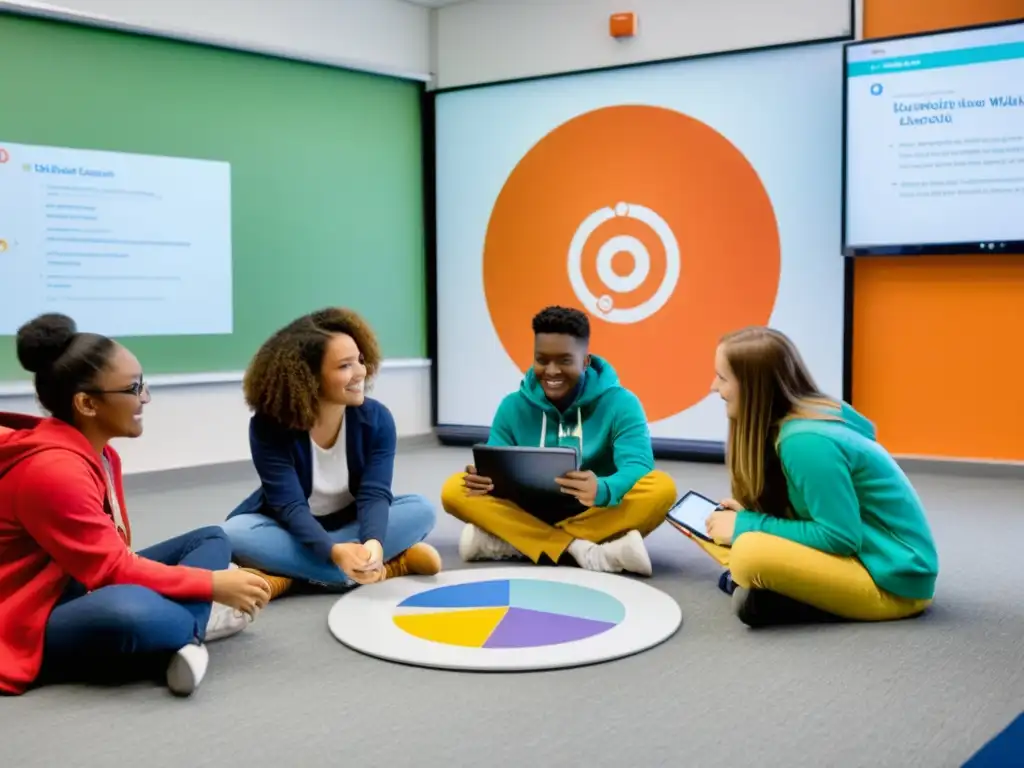 Estudiantes colaborativos participando en actividad digital de aprendizaje, con contenido educativo de ciencia y tecnología