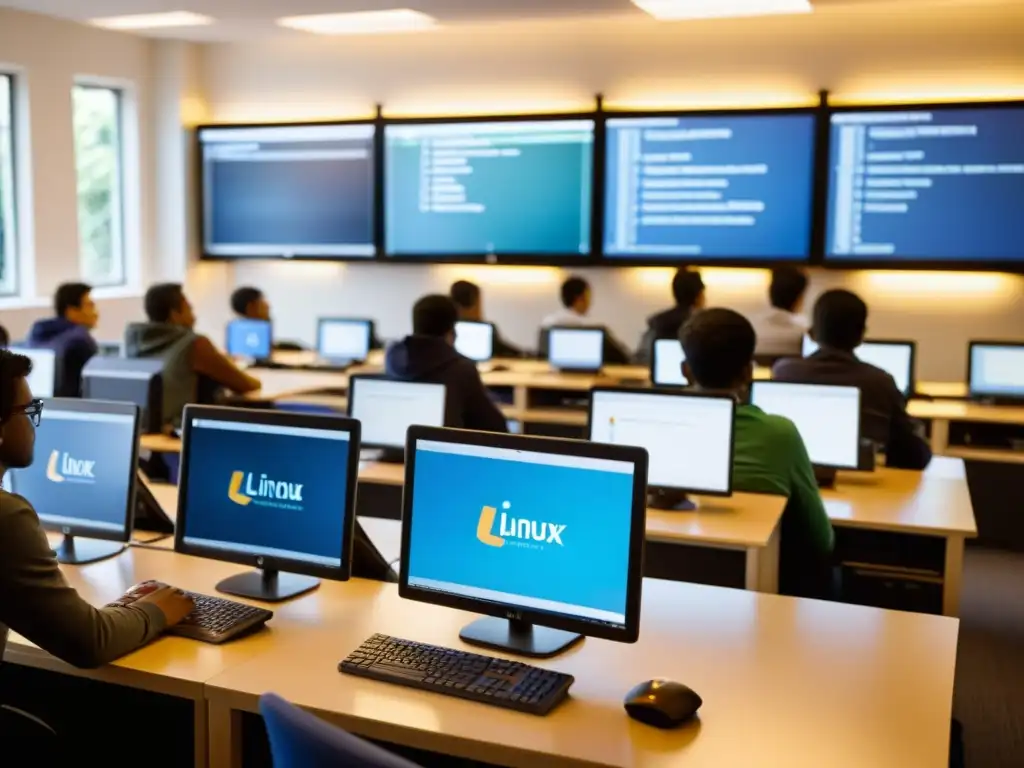 Estudiantes usando computadoras Linux en un aula iluminada por luz natural