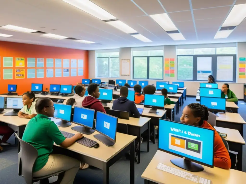 Estudiantes diversos trabajando en computadoras en un aula luminosa y colaborativa, mostrando la contribución de Edubuntu al aprendizaje inclusivo y digital