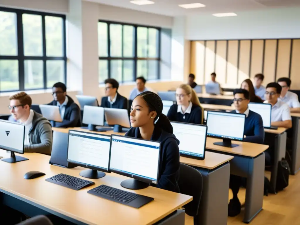 Estudiantes concentrados en sus laptops con Linux en un aula universitaria moderna