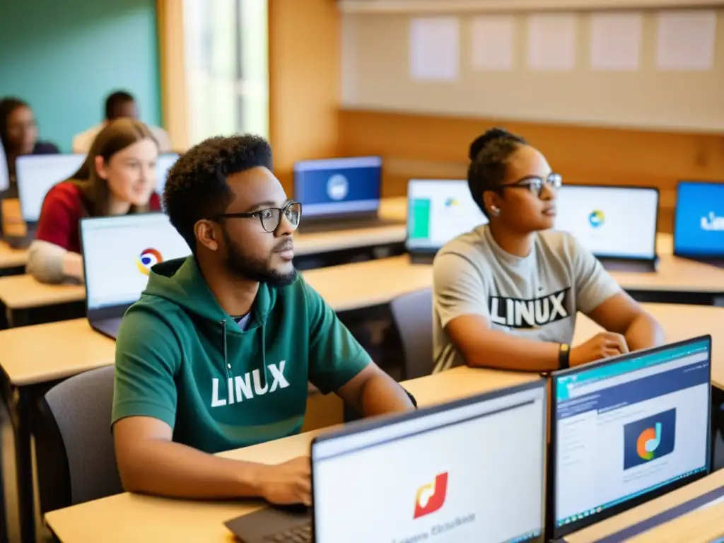 Estudiantes diversos trabajan en sus laptops con diferentes distribuciones de Linux, reflejando la colaboración y aprendizaje en un entorno educativo