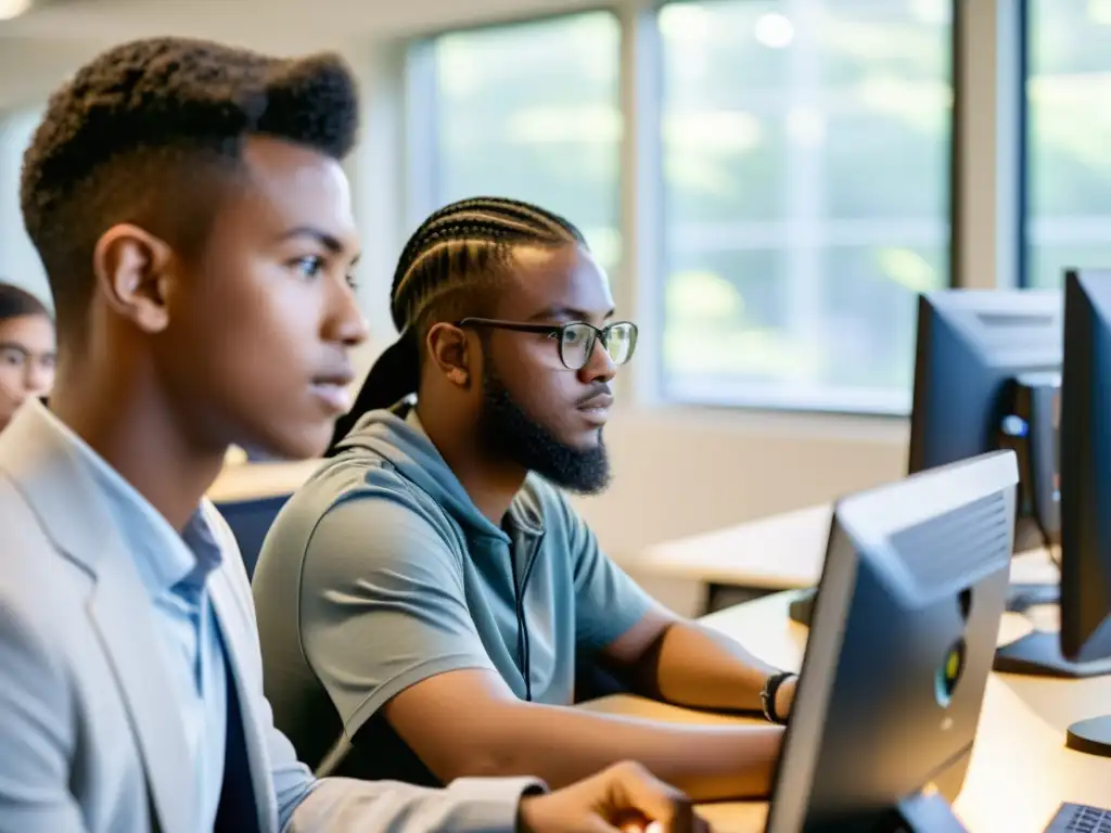 Estudiantes diversos trabajan en equipo y resuelven problemas usando Linux en un laboratorio de computación