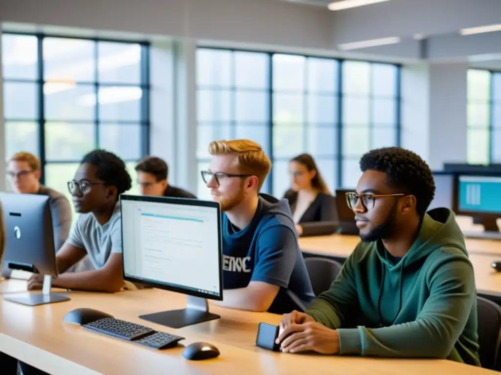 Diversos estudiantes de informática en un taller práctico, colaborando en proyectos de codificación en modernas estaciones de trabajo, con luz natural