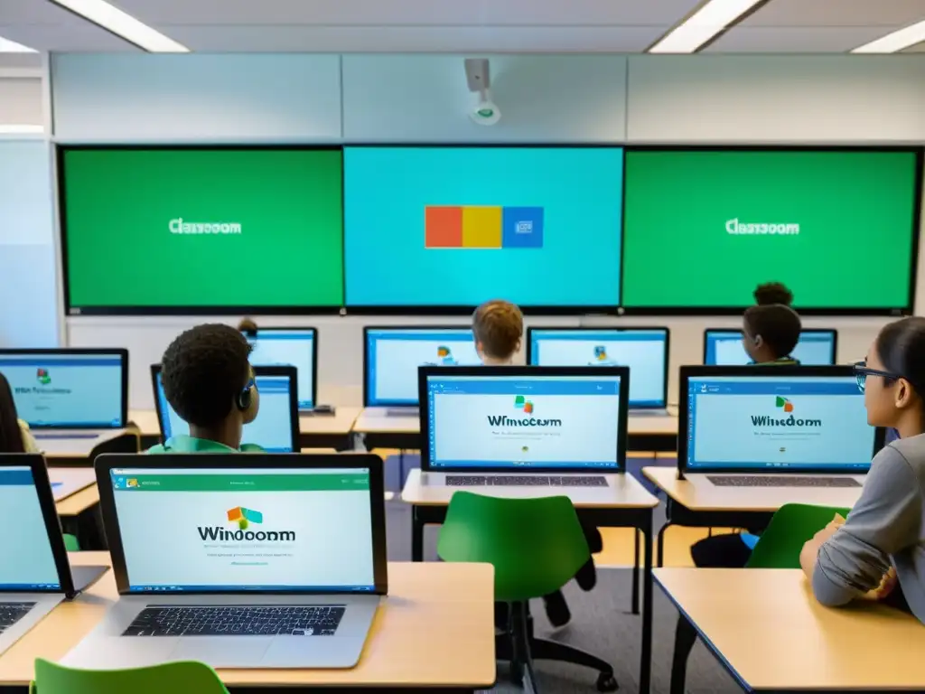 Estudiantes usan laptops Windows y Linux en aula moderna