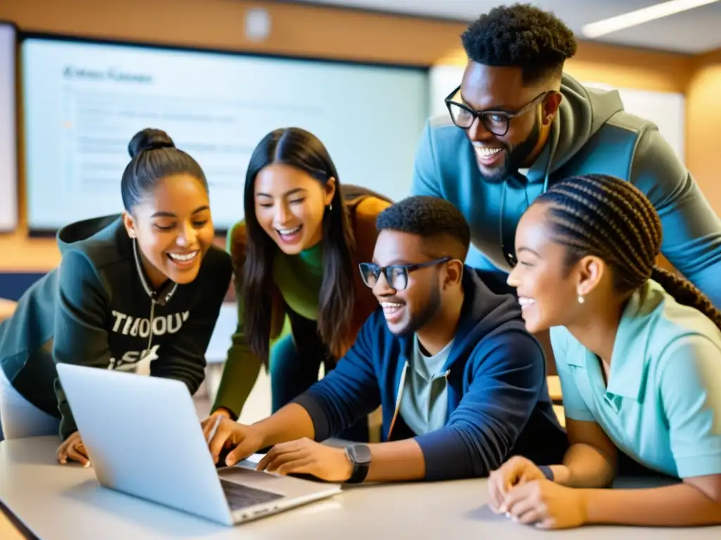 Estudiantes y maestros colaborando en proyecto de codificación en aula moderna