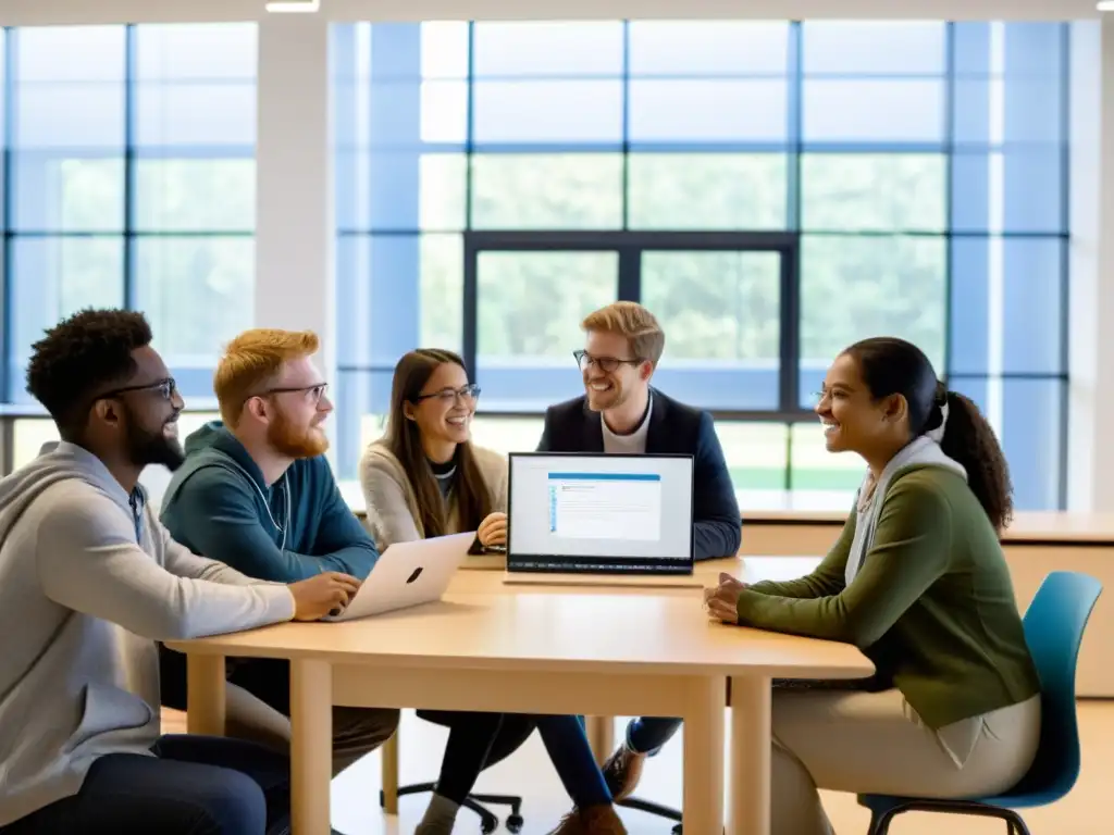 Estudiantes y maestros colaborando con software libre en aula moderna con luz natural