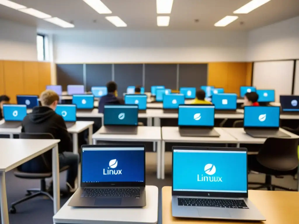 Estudiantes usando laptops modernos en un aula brillante con enfoque en Linux