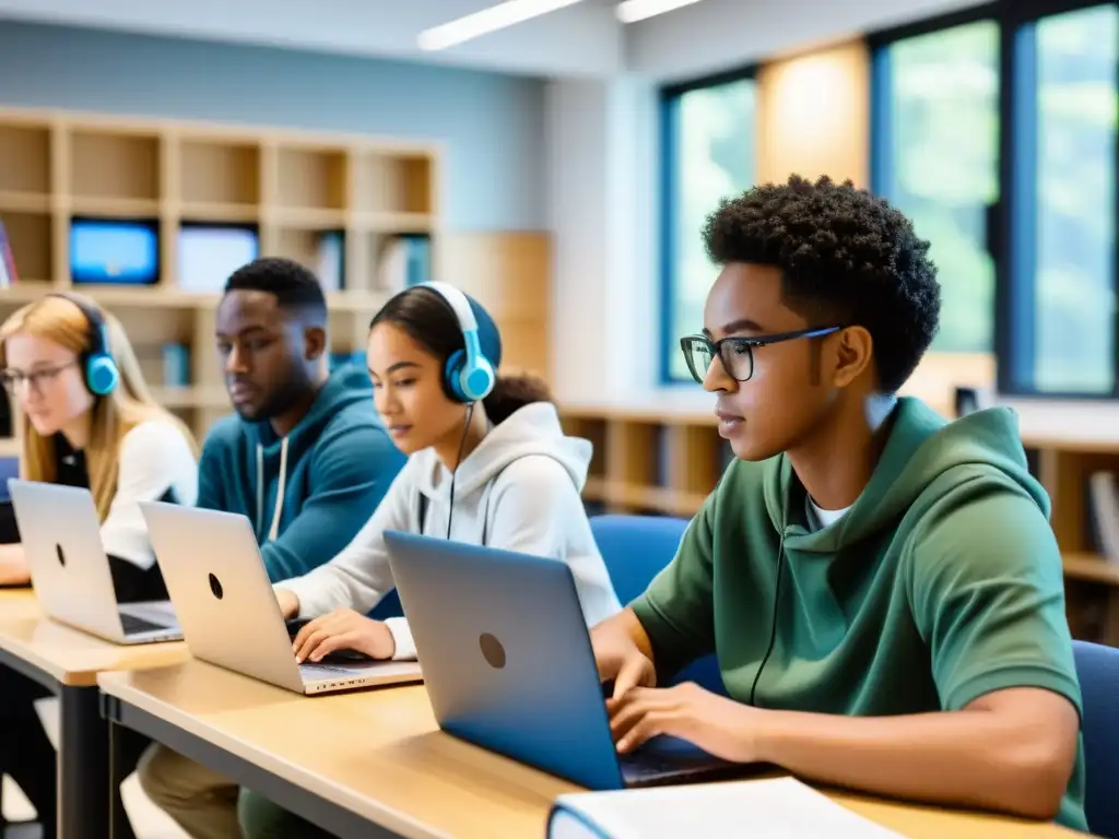 Estudiantes colaborando en proyecto de código abierto en aula contemporánea