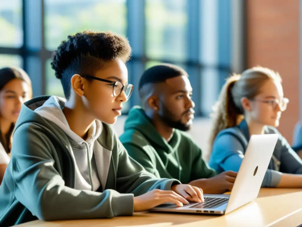 Estudiantes colaborando en proyecto de código, rodeados de libros y recursos digitales en aula moderna con luz natural