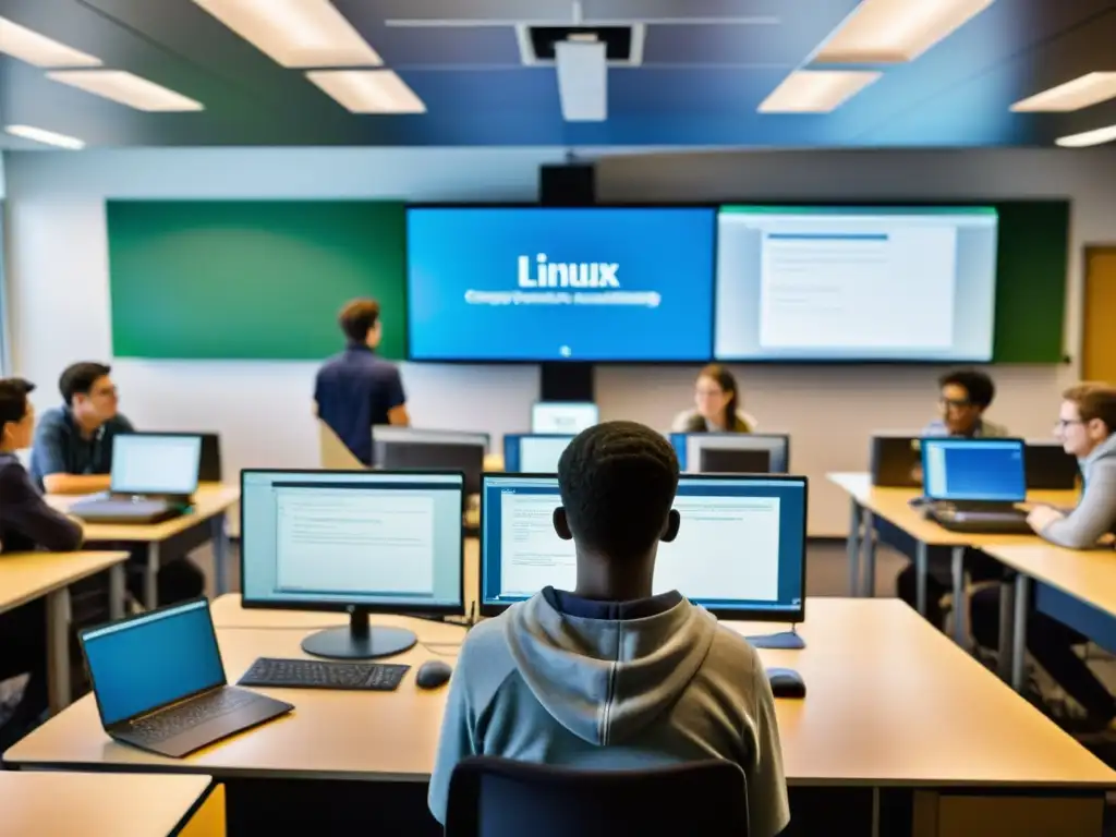 'Estudiantes colaborando en proyecto de desarrollo de software en aula con computadoras Linux