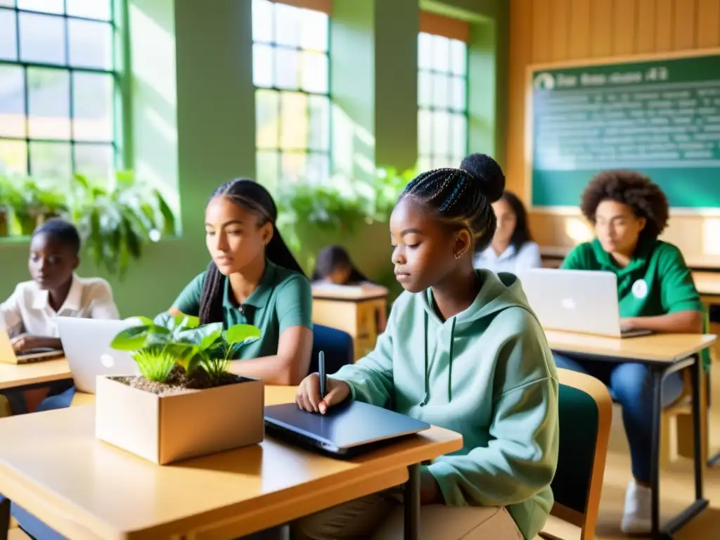 Estudiantes diversos usando sistemas operativos alternativos para desarrollo sostenible en un aula con suministros ecofriendly y luz natural