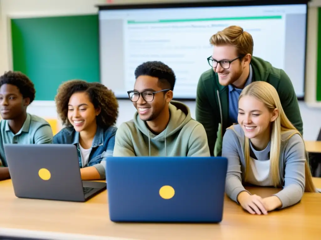 Estudiantes diversos colaborando con software libre, rompiendo barreras en la educación y el acceso al conocimiento