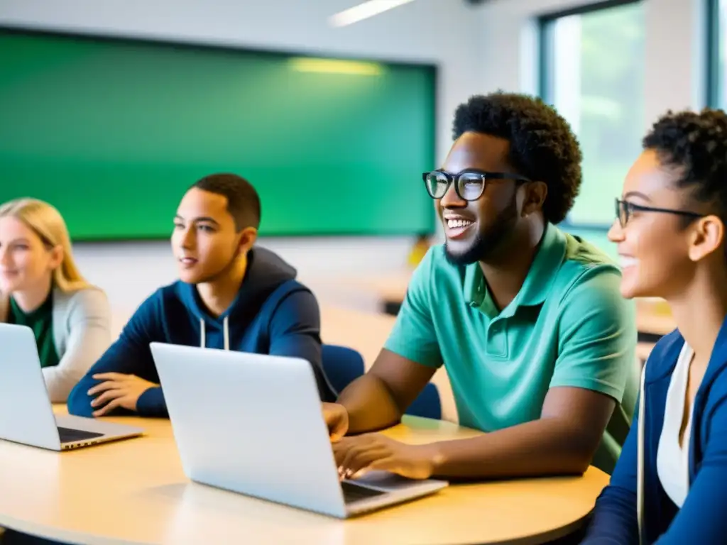 Estudiantes diversidad debaten software libre educación acceso conocimiento en aula luminosa