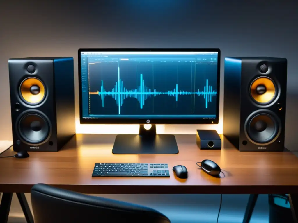 Estudio en casa con aplicaciones de grabación de audio Linux, ambiente sereno y profesional