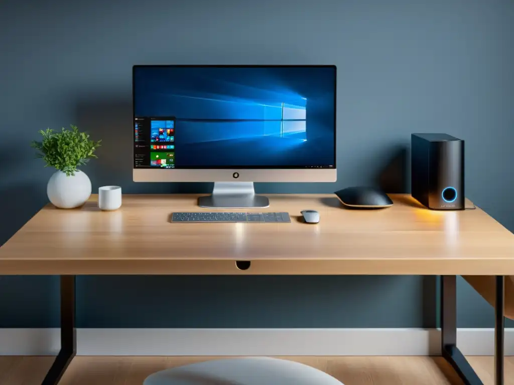 Una experiencia de usuario en Solus OS: un elegante escritorio de madera con un entorno minimalista y acogedor, iluminado suavemente por luz natural