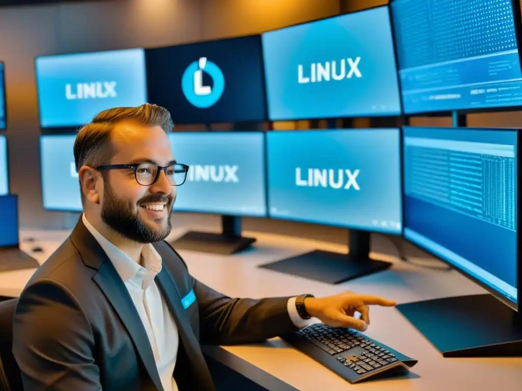 Un experto en Linux muestra su certificación en una oficina minimalista