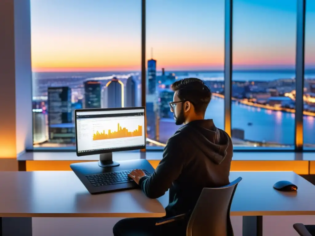 Un experto en Linux escribe código en una oficina moderna con vista a la ciudad al atardecer