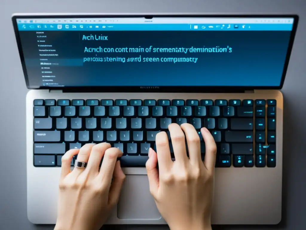 Un experto en Arch Linux escribe con determinación, mostrando precisión y control