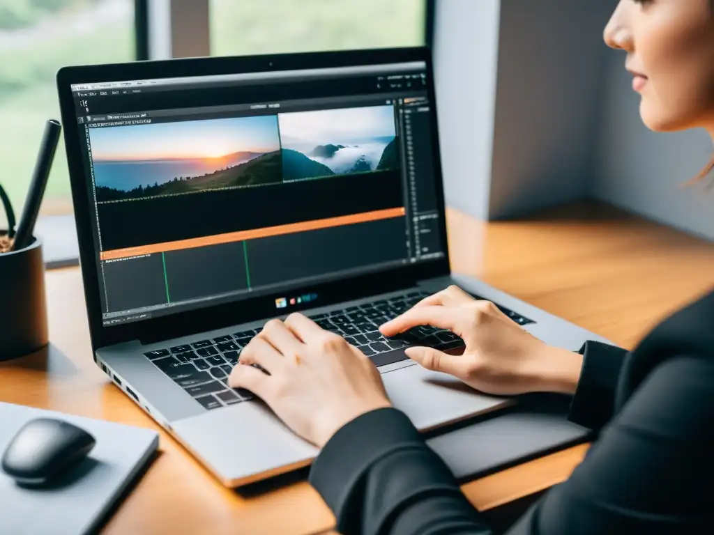 Un experto en edición de video utiliza herramientas de edición de video para Linux en un entorno minimalista y acogedor