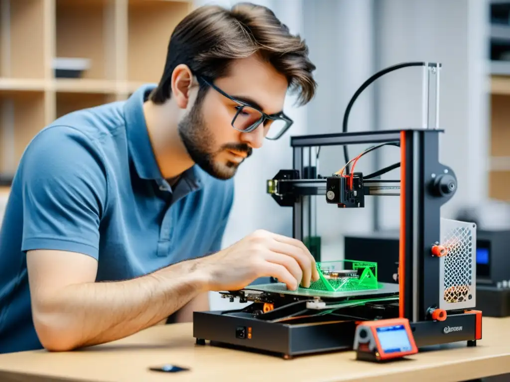 Un experto ensambla una impresora 3D con hardware compatible con sistemas open source, en un espacio bien iluminado y organizado