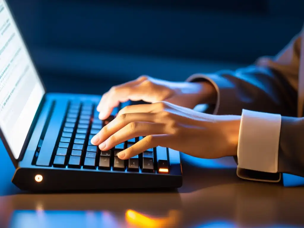 Un experto en informática se concentra en escribir comandos en BSD en un teclado, iluminado por la pantalla de la computadora en una habitación tenue