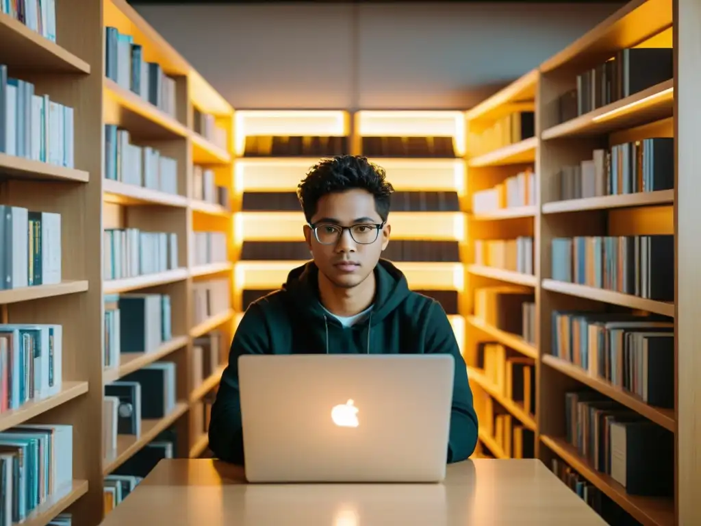 Un experto en IT con lentes, concentrado en su laptop rodeado de libros técnicos sobre Linux y seguridad