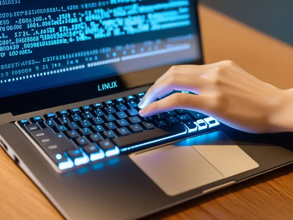 Un experto teclea código en un portátil moderno en Linux, destacando la mejora de guías técnicas en Linux