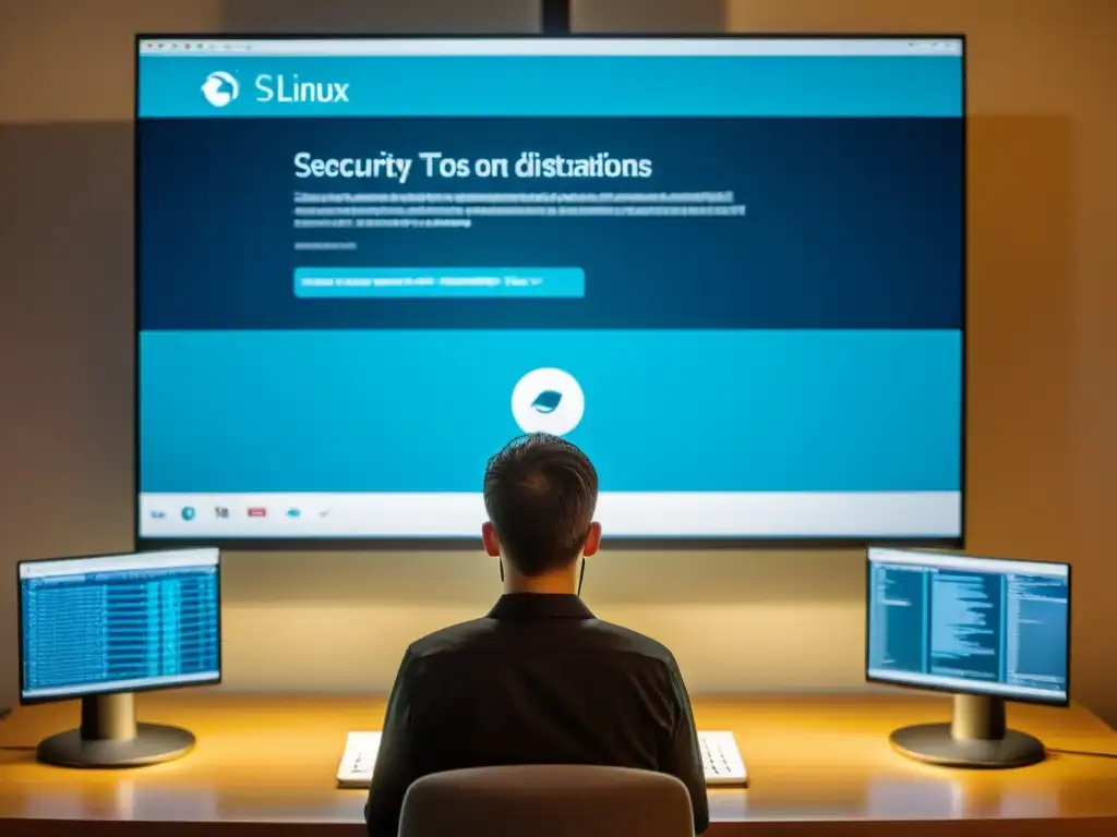 Un experto en seguridad informática trabaja con las mejores distribuciones Linux enfocadas en seguridad, reflejando determinación y profesionalismo